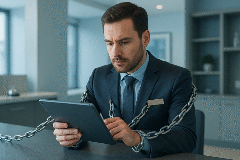 Hotel manager chained to software – illustration about long-term PMS contracts