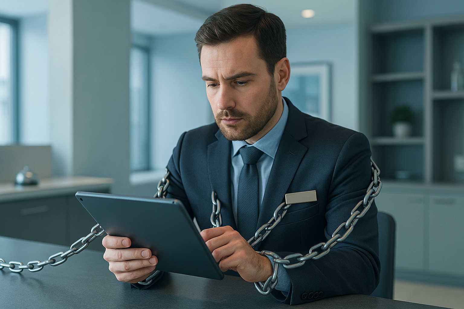 ilustración de gerente hotelero atrapado en un contrato de PMS